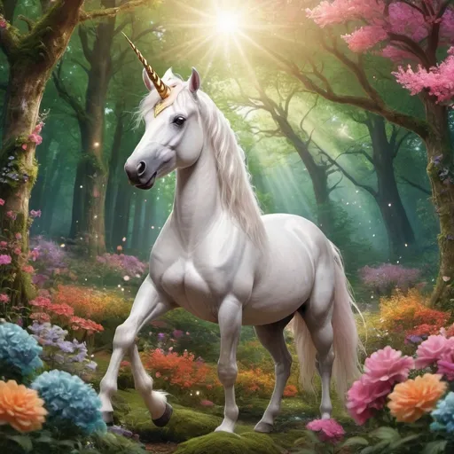 Prompt: A magical unicorn in a bright forest setting with flowers all around