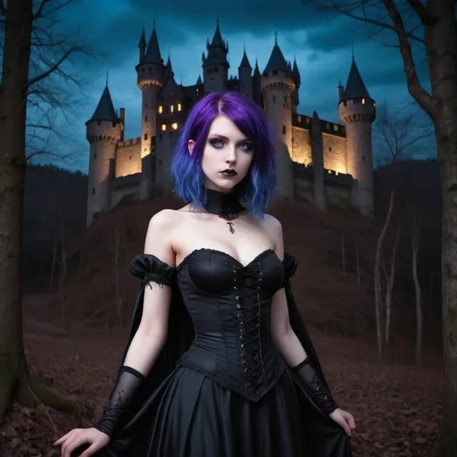 Prompt: Bare young goth girls with huge chests, blue eyes, purple hair, a dark foreboding forest at night, and castle in the background, Full length body shot 