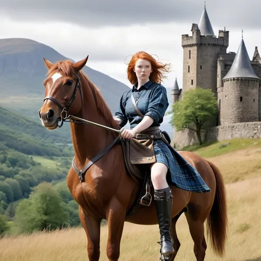 Prompt: Ginger haired woman with big chest wearing blue tartan kilt riding a horse and holding aloft a mighty sword in a mountain setting and stone castle in background full length body shot 