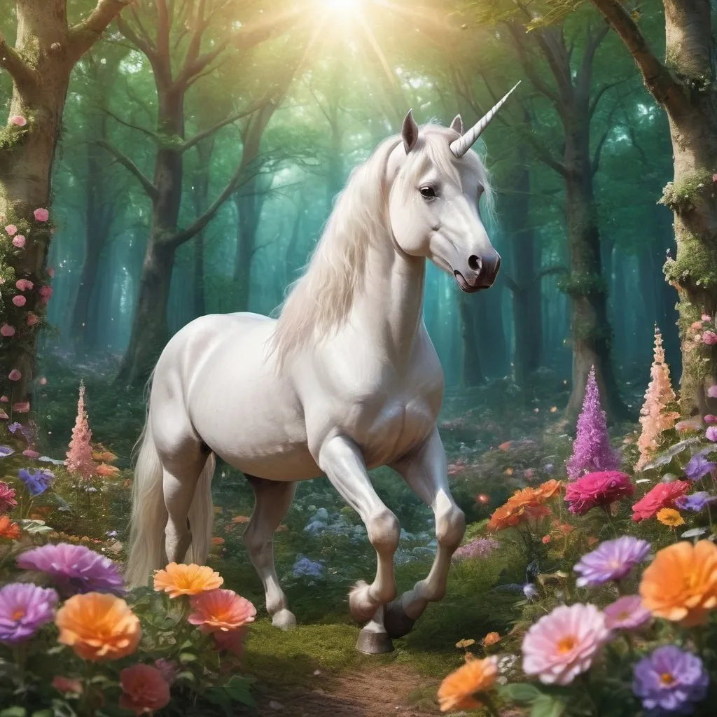 Prompt: A magical unicorn in a bright forest setting with flowers all around