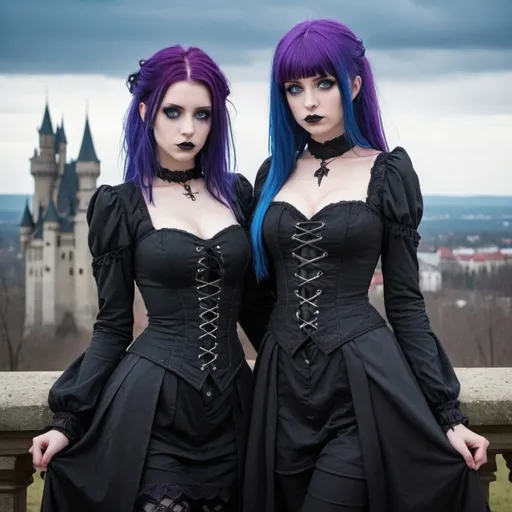 Prompt: young goth girls with huge chests, blue eyes, purple hair, a dark foreboding castle in the background, Full length body shot 