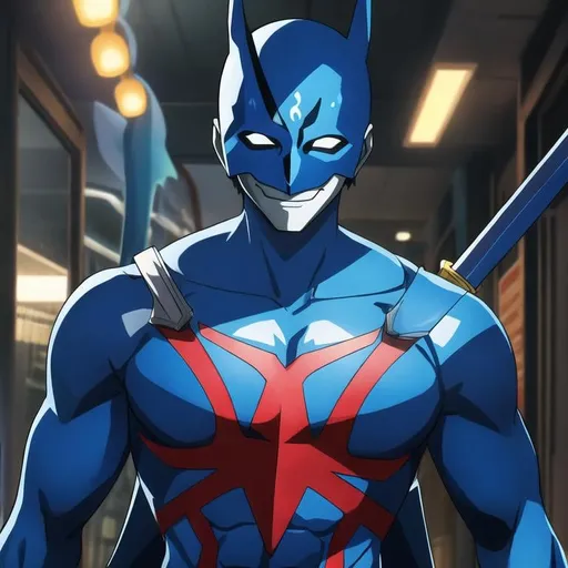 Prompt: anti hero with blue morph suit and a painted smile on his mask, on his back is 2 swords
