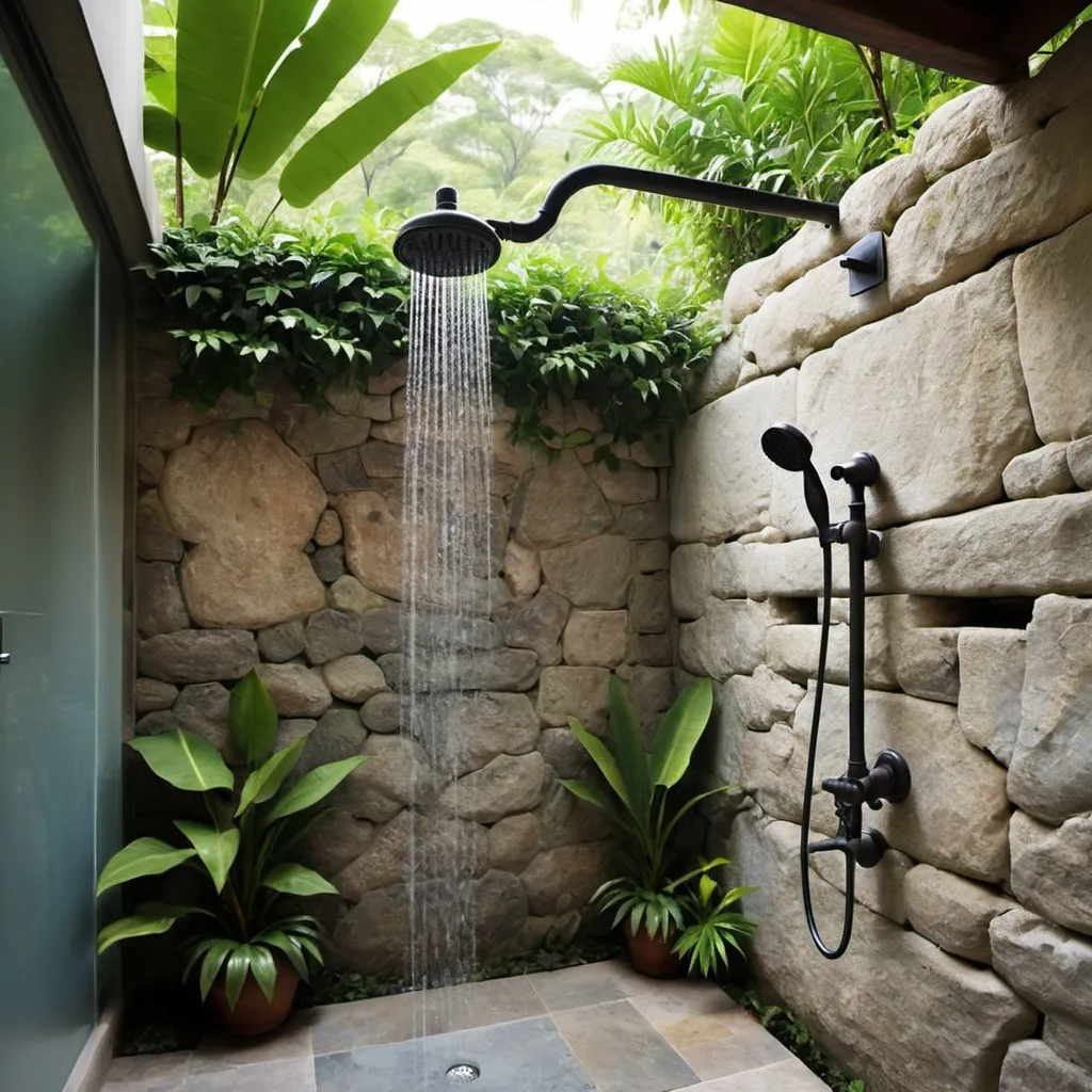 Prompt: An outdoor shower use a hand shower located overhead with a handle, set against a Paligmanan natural stone wall, and surrounded by lush greenery for a natural ambiance.