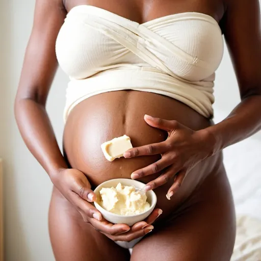 Prompt: 
Pregnant woman applying Shea butter to her stomach