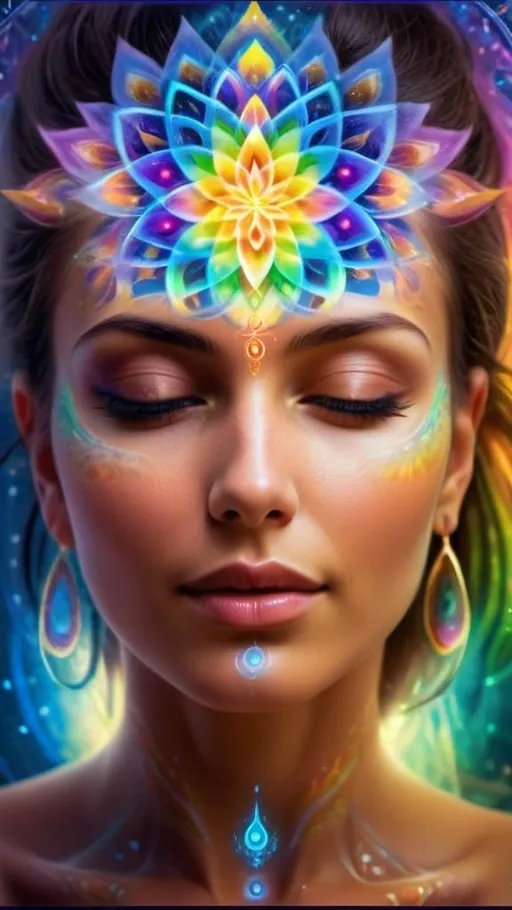 Prompt: (beautiful woman practicing tantra meditation), vibrant colors, (radiant rainbow light emanating from her body), serene expression, peaceful atmosphere, (soft ethereal lighting), mesmerizing swirling patterns, captivating background with a blend of cool and warm tones, tranquil ambiance, ultra-detailed, high definition, mystical energy radiating around her, harmonious nature elements surrounding her.