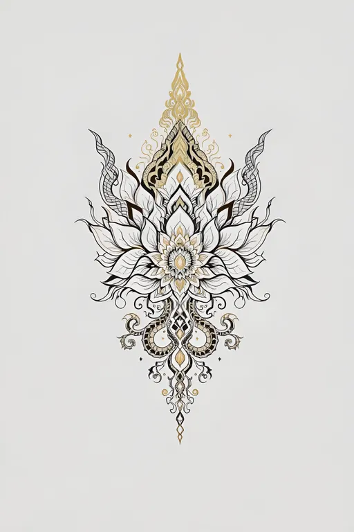Prompt: A unique modern Thai sacred motif in line-art style, inspired by ancient yantra tattoos and Thai mythical elements. Includes abstract forms of lotus flowers, Naga serpents, and Thai cloud patterns, all composed in symmetrical harmony. Subtle gold accent tones on clean white background. Calm and meditative energy. Perfect for digital wall art or phone case design. 