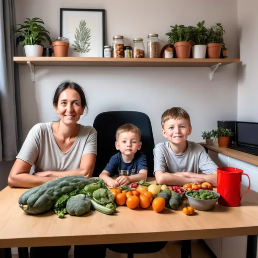 Prompt: Mum, dad and son are living in a heartwarming house and month-watering food which put on the desk