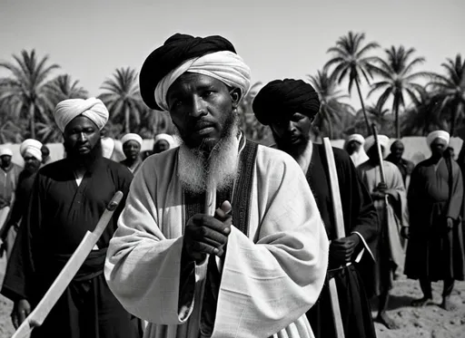 Prompt: A old black and white  photo of 19th century malian middle aged imam wearing muslim brown turban and robes surrounded by young warriors wearing white muslim turbans and robes holding machetes in the battlefield with palm trees near bamako