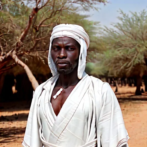 Prompt: 1800s portrait of  burkinabe horseman wearing white robes and white headband in a battlefield with baobab trees