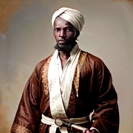 Prompt: 1800s portrait of  soninke man  wearing traditional brown robe and white islamic turban holding a sword