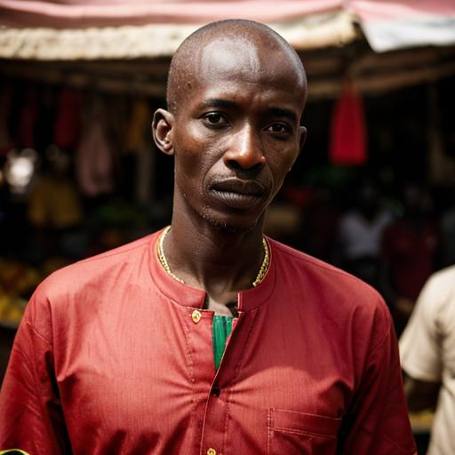 Prompt: Portait of 30 year old Boubacar Sidibe wearing a red shirt in a market in Mali 