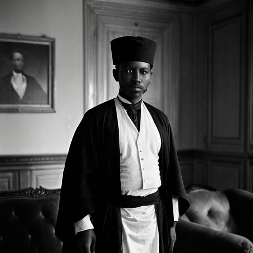 Prompt: A Vintage Black and white 1890s portrait of Songhai male servant wearing turkish  fez and robe standing in antique living room with Victorian  furniture 