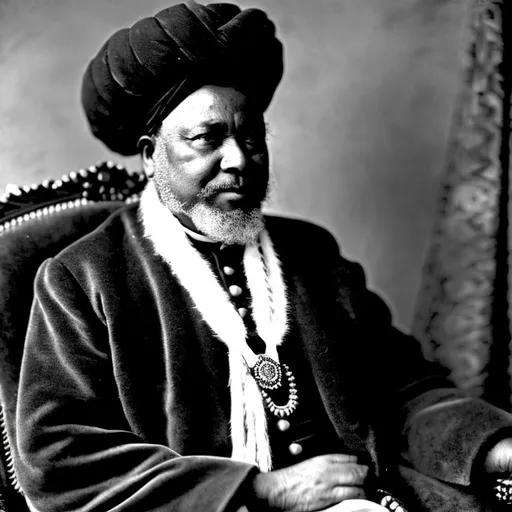 Prompt: An 19th century black and white portrait of a African Songhai chief wearing african robe and  turban while sitting on a Victorian armchair 
