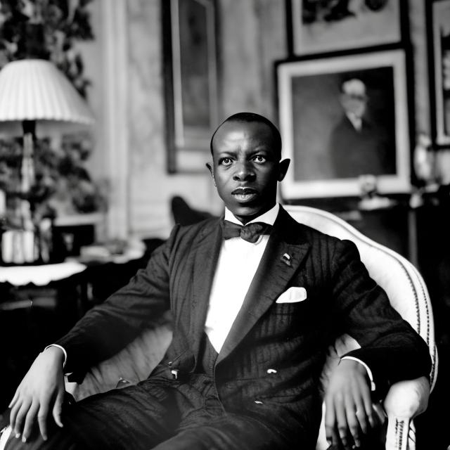 Prompt: 1920s black and white portrait of president N'golo Traoré wearing black suit in his living room at home