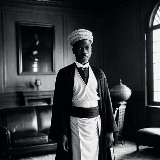 Prompt: A Vintage Black and white 1890s portrait of Songhai male servant wearing turkish  fez and robe standing in antique living room with Victorian  furniture 