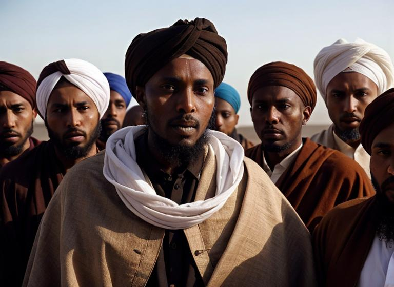 Prompt: A somali man wearing muslim brown turban and robes surrounded by warriors wearing white muslim turbans and robes 