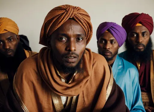 Prompt: A somali man wearing turban and robes surrounded by warriors wearing turbans and robes 