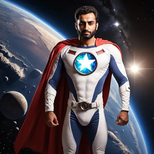 Prompt: a man superhero in space named "ABEER"