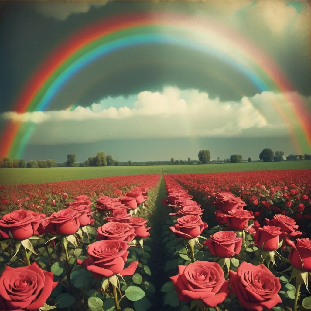 Prompt: rainbow over a field of red roses vintage