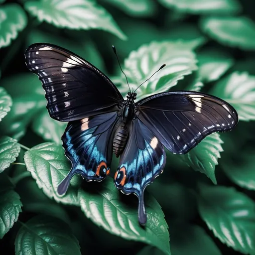 Prompt: Picture of black butterfly on leaves