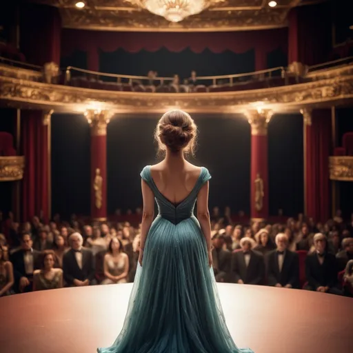 Prompt: La scène d'un théâtre élégant. On voit le dos d'une poétesse debout au premier plan, au centre de l'image. Elle est debout sur la scène. Elle est vêtue d'une robe artistique et élégante, ses cheveux bien coiffés, dégageant une aura de confiance. 