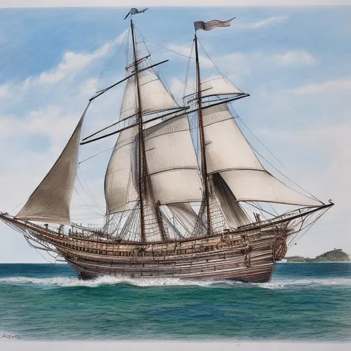 Prompt: colour line drawing of an old sailing ship with the name SS Moana painted on the side. 