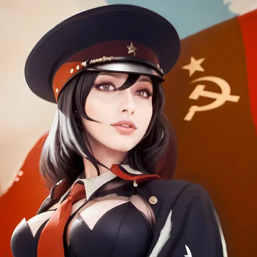 Prompt: attractive female commissar, soviet flag, oil painting, military uniform, authoritative stance, intense gaze, high quality, realistic style, bold red tones, dramatic lighting, red eyes