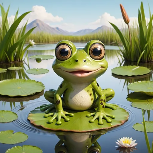 Prompt: Create an illustration of Freddy the Frog, a cute and friendly frog character. Freddy has a light green body with darker green accents on his back and legs. His eyes are big, round, and expressive brown with a small white highlight. He has a wide, cheerful smile with a small, slightly darker green tongue. His limbs are long and slightly webbed, with a plump, rounded body and a lighter green or cream-colored belly. Freddy is depicted in a playful pose, perhaps hopping or sitting on a lily pad in a pond with cattails and water lilies around him. The background should include a serene pond with some colorful flowers and a bright blue sky.