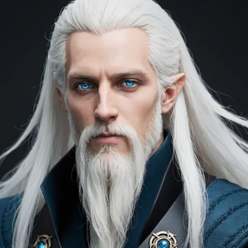 Prompt: elezen long white hair blue eyes full beard 