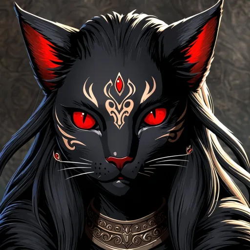 Prompt: Elder scrolls Khajiit female red eyes black shiny fur long black mane feminin sweet face 