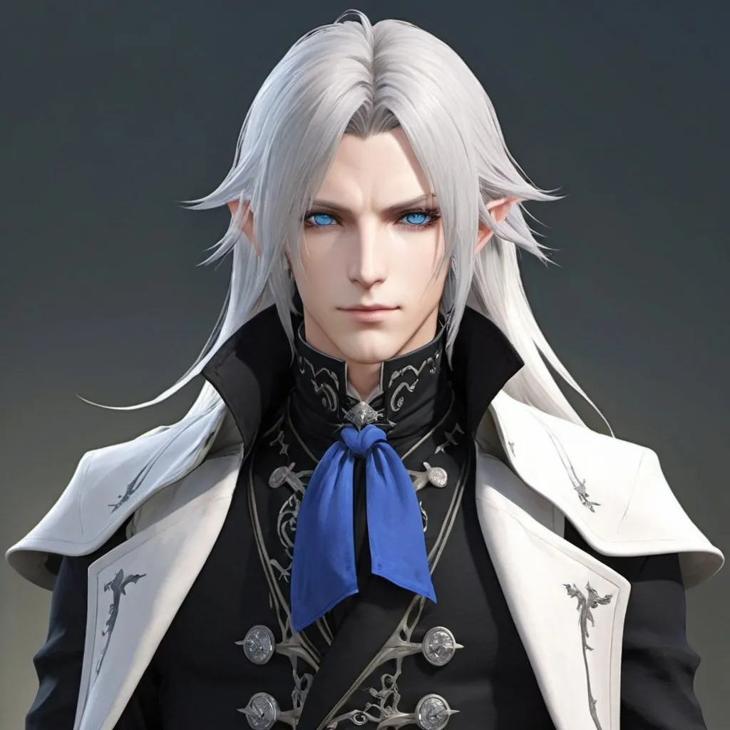 Prompt: FINAL FANTASY 14 ELEZEN long white hair black coat blue eyes