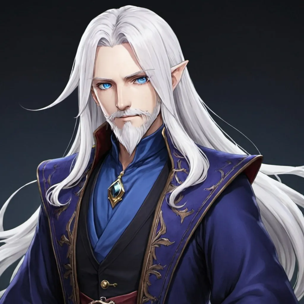 Prompt: elezen long white hair blue eyes full beard blackmage