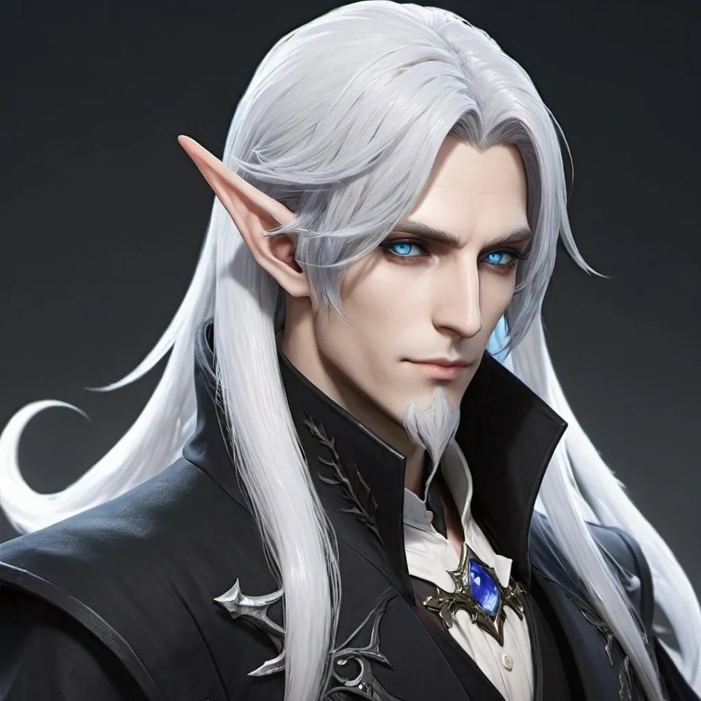 Prompt: FINAL FANTASY 14 ELEZEN long white hair black coat blue eyes reaper full beard elf ears