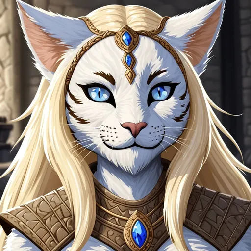 Prompt: Elder scrolls Khajiit female blue eyes white fur long blond mane feminin furry sweet face