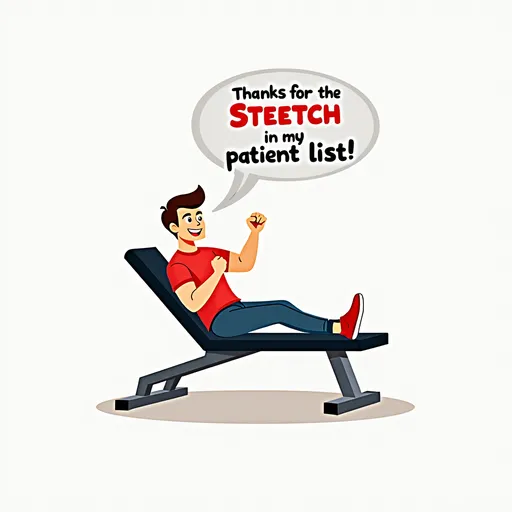 Prompt: cartoon of fit man doing leg stretches on a gym bench on a white background with speech bubble saying "Thanks for the STRETCH in my patient list!"
