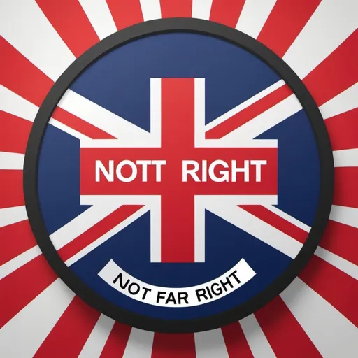 Prompt: A circle with "not far right"on the upper circumference with "just right" across the diameter, all with a union jack in the circles background