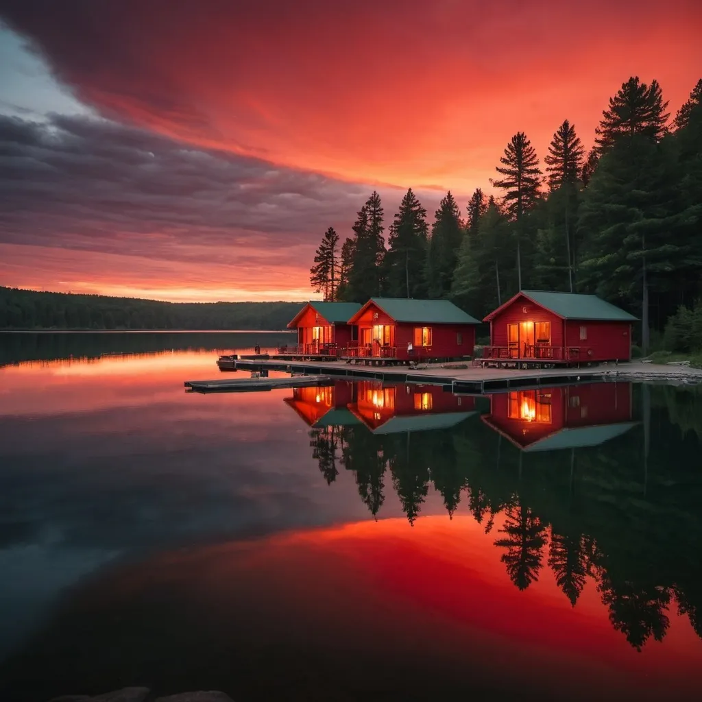 Prompt: Summer Camp cabins on a lake with a blazing red sunset reflected in the water