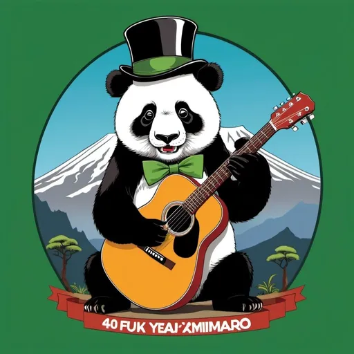 Prompt: upside down mt. kilimanjaro with a green panda riding a guitar with a top hat that says "40 fuk yeah"