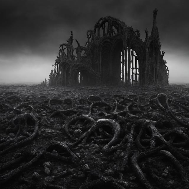 Prompt: Indescribable horror in a desolate, otherworldly landscape, bone-chilling, psychologically terrifying, lurking horror, nightmarish, eerie, misty atmosphere, haunting, sinister presence, detailed and ominous, highres, ultra-detailed, misc-dystopian, lurking, desolate landscape, terrifying, bone-chilling, psychologically horrifying, eerie atmosphere, somber color tones, haunting presence, nightmarish, unsettling, detailed and ominous, professional, atmospheric lighting
