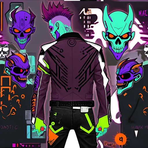 Prompt: Character design sheet male undead monster human villain orange-electric purple fohawk hairstyle white slim fit futuristic leather jacket with unique burgundy and black design work with "thatbadmonster" on the back of the jacket with slim fit tactical cyberpunk jeans with futuristic tactical boots with a neon green aura, with hand tattoos and neck tattoos, and inch red glowing plug earrings.