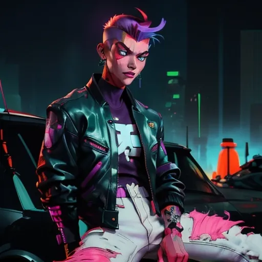 Prompt: Character design sheet male undead monster human villain orange-electric purple fohawk hairstyle white slim fit futuristic leather jacket with unique burgundy and black design work with "thatbadmonster" on the back of the jacket with slim fit tactical cyberpunk jeans with futuristic tactical boots with a neon green aura, with hand tattoos and neck tattoos, and inch red glowing plug earrings.