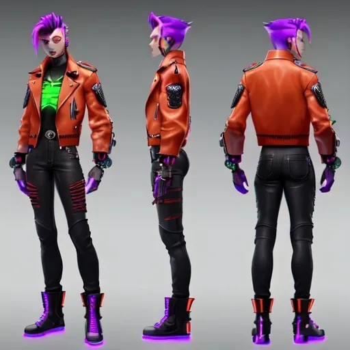 Prompt: Character design sheet male undead monster human villain orange-electric purple fohawk hairstyle white slim fit futuristic leather jacket with unique burgundy and black design work with "thatbadmonster" on the back of the jacket with slim fit tactical cyberpunk jeans with futuristic tactical boots with a neon green aura, with hand tattoos and neck tattoos, and inch red glowing plug earrings.