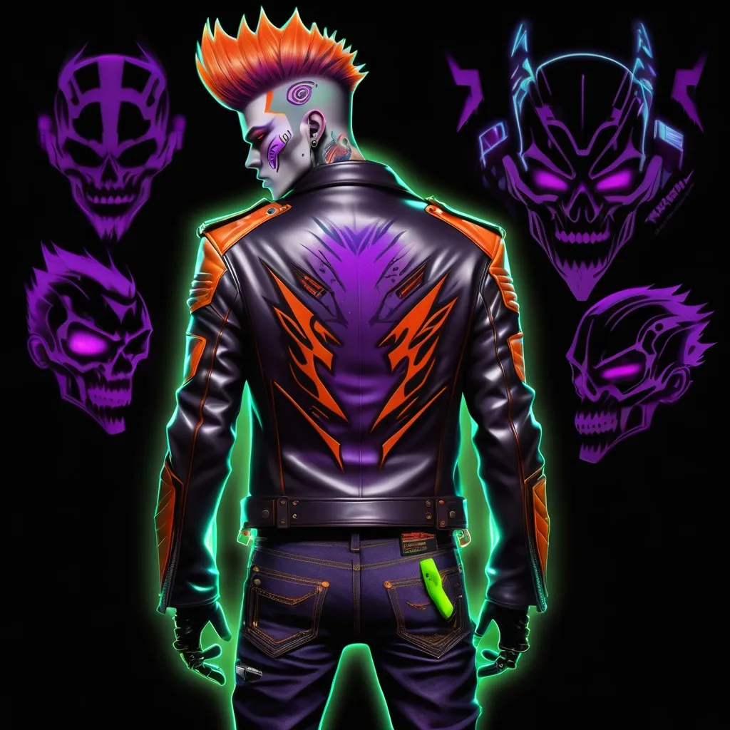 Prompt: Character design sheet male undead monster human villain orange-electric purple fohawk hairstyle white slim fit futuristic leather jacket with unique burgundy and black design work with "thatbadmonster" on the back of the jacket with slim fit tactical cyberpunk jeans with futuristic tactical boots with a neon green aura, with hand tattoos and neck tattoos, and inch red glowing plug earrings.