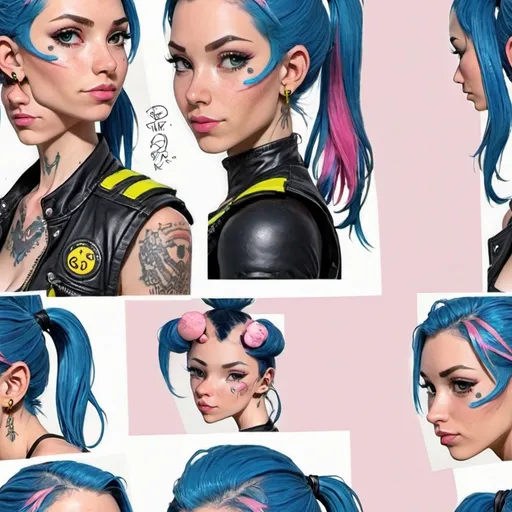 Prompt: Character design sheet woman blue-pink ponytail black leather vest with yellow accents,tattoos