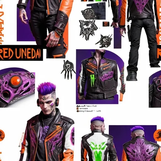 Prompt: Character design sheet male undead monster human villain orange-electric purple fohawk hairstyle white slim fit futuristic leather jacket with unique burgundy and black design work with "thatbadmonster" on the back of the jacket with slim fit tactical cyberpunk jeans with futuristic tactical boots with a neon green aura, with hand tattoos and neck tattoos, and inch red glowing plug earrings.