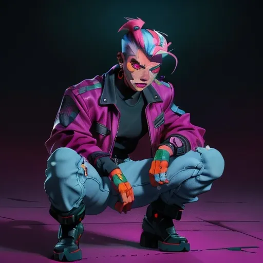 Prompt: Character design sheet male undead monster human villain orange-electric purple fohawk hairstyle white slim fit futuristic leather jacket with unique burgundy and black design work with "thatbadmonster" on the back of the jacket with slim fit tactical cyberpunk jeans with futuristic tactical boots with a neon green aura, with hand tattoos and neck tattoos, and inch red glowing plug earrings.