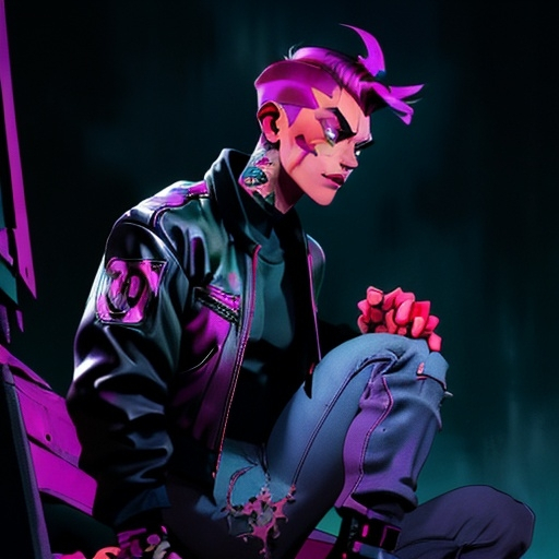 Prompt: Character design sheet male undead monster human villain orange-electric purple fohawk hairstyle white slim fit futuristic leather jacket with unique burgundy and black design work with "thatbadmonster" on the back of the jacket with slim fit tactical cyberpunk jeans with futuristic tactical boots with a neon green aura, with hand tattoos and neck tattoos, and inch red glowing plug earrings.