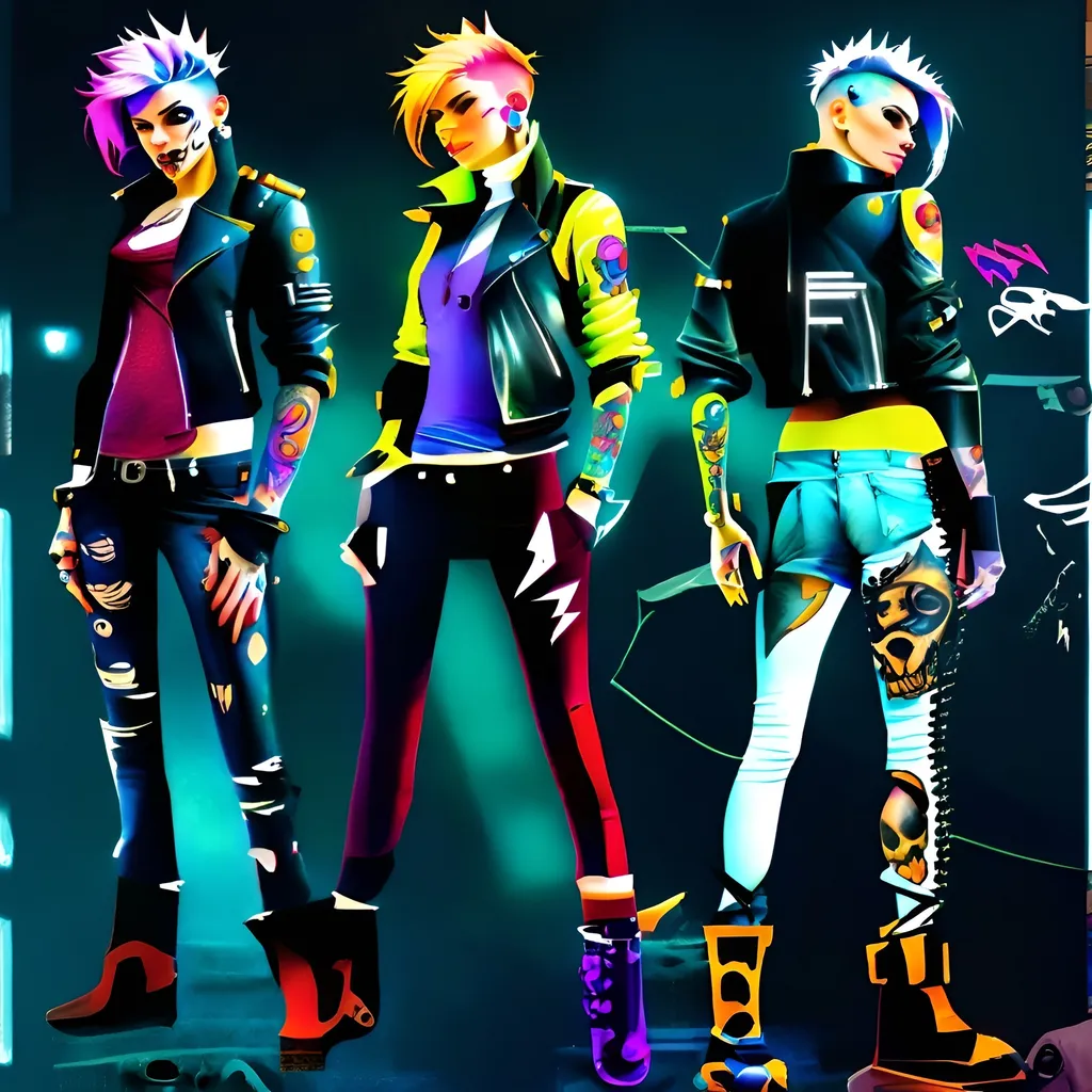 Prompt: Character design sheet male undead monster human villain orange-electric purple fohawk hairstyle white slim fit futuristic leather jacket with unique burgundy and black design work with "thatbadmonster" on the back of the jacket with slim fit tactical cyberpunk jeans with futuristic tactical boots with a neon green aura, with hand tattoos and neck tattoos, and inch red glowing plug earrings.