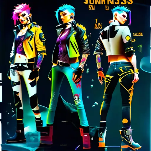 Prompt: Character design sheet male undead monster human villain orange-electric purple fohawk hairstyle white slim fit futuristic leather jacket with unique burgundy and black design work with "thatbadmonster" on the back of the jacket with slim fit tactical cyberpunk jeans with futuristic tactical boots with a neon green aura, with hand tattoos and neck tattoos, and inch red glowing plug earrings.