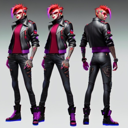 Prompt: Character design sheet male undead monster human villain orange-electric purple fohawk hairstyle white slim fit futuristic leather jacket with unique burgundy and black design work with "thatbadmonster" on the back of the jacket with slim fit tactical cyberpunk jeans with futuristic tactical boots with a neon green aura, with hand tattoos and neck tattoos, and inch red glowing plug earrings.